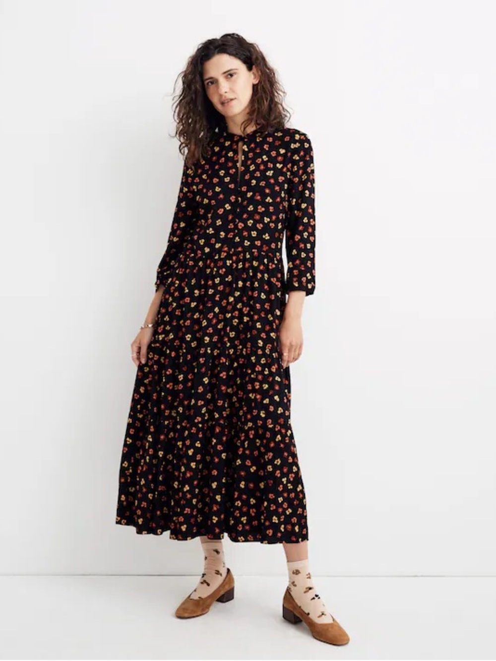 Madewell Women’s Large Black Feline Floral Button-Front Tier Midi Dress